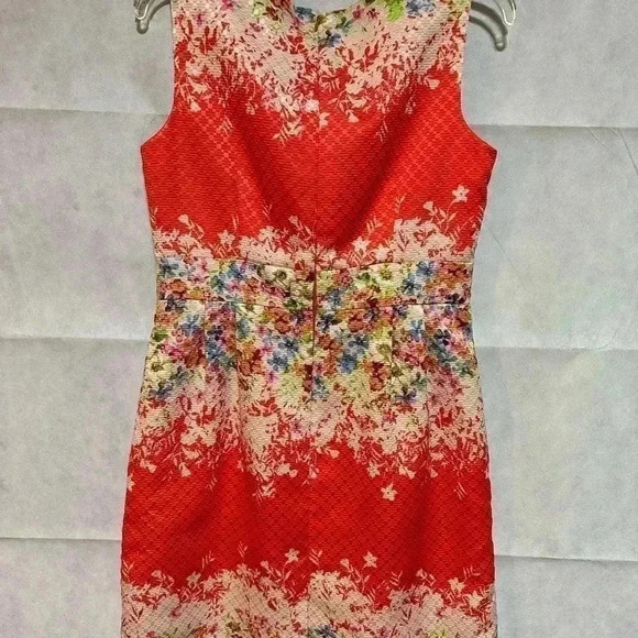 Tahari Womens A-Line Dress Sz 8 Coral Multicolor Floral Lined Sleeveless Zip - Picture 3 of 6